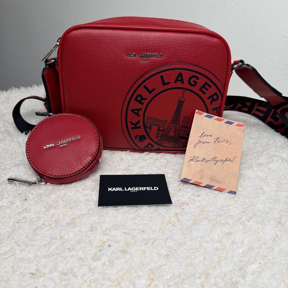 KARL LAGERFELD Paris‎ Maybelle Crossbody Bag Red Logo Strap W/ Coin Purse